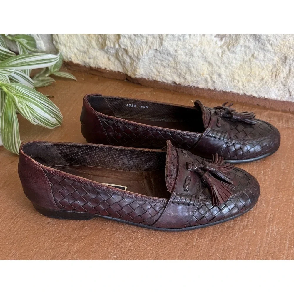 Bragano‎ Cole Haan Men's Sz 8.5 N Brown Woven Leather Tassel Loafers Shoes Italy